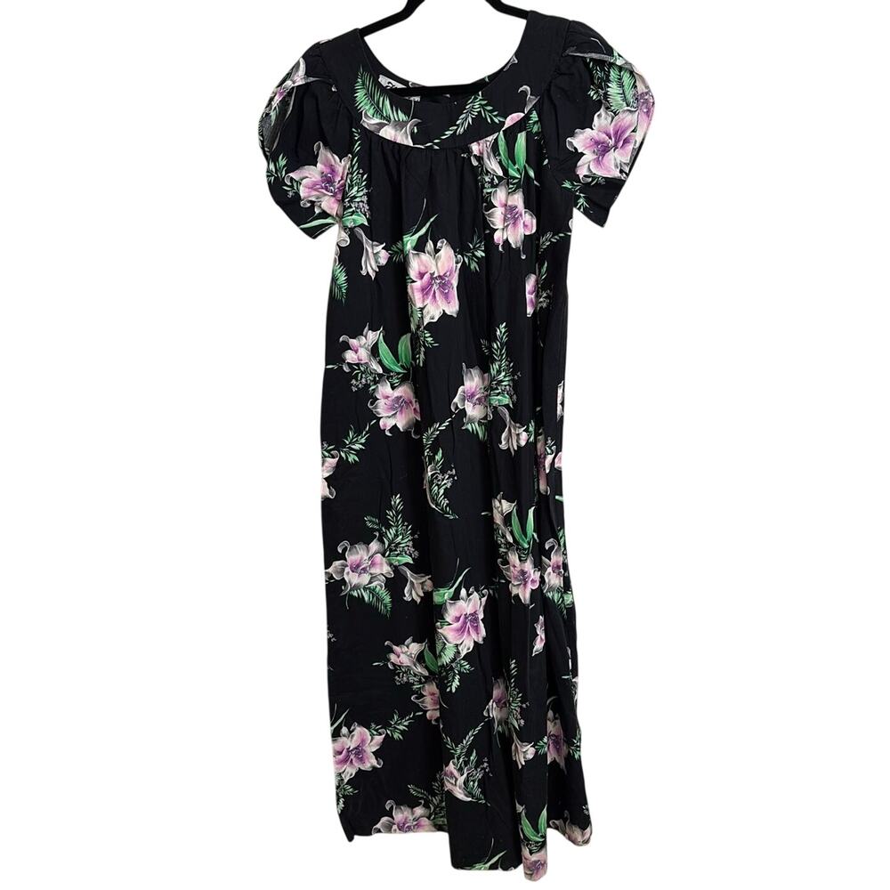 Hilo Hattie Dress Womens XS Black Floral Muumuu Maxi Puff Sleeve Hawaiian
